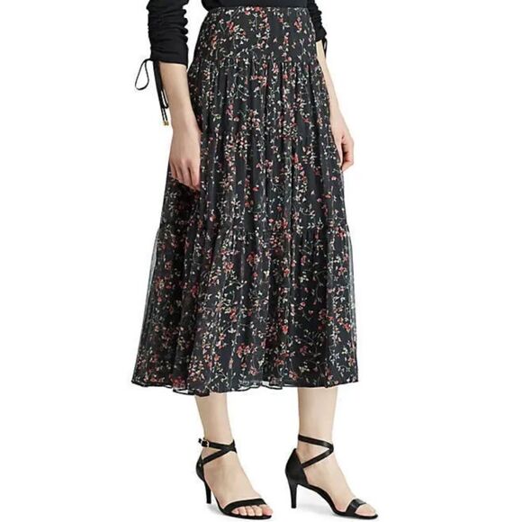 NWT $145 RALPH LAUREN Pauldina Floral Maxi Skirt Black Chiffon US Sz. 16W Lined - Picture 1 of 5
